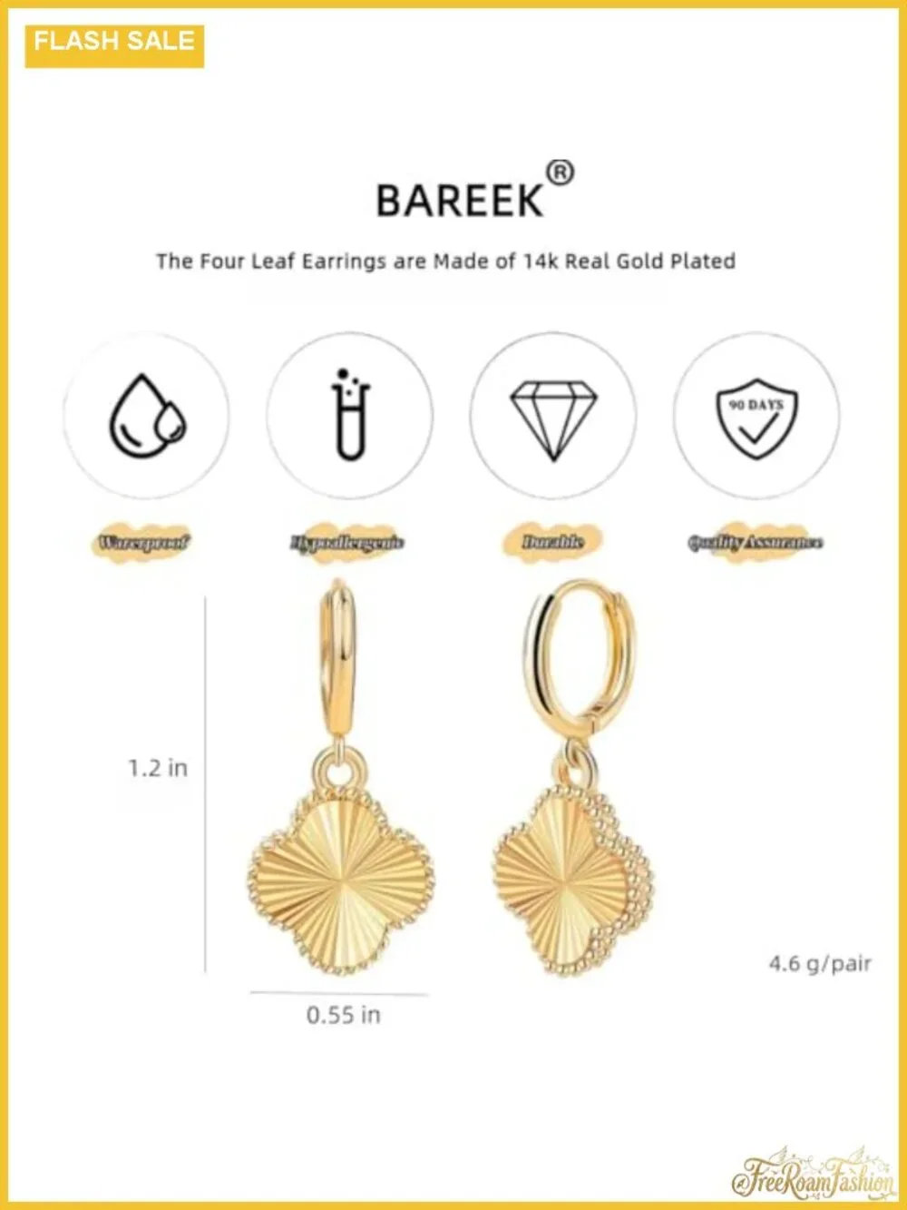 14K Gold Plated Four Leaf Clover Dangle Hoop Earrings